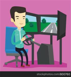 Young asian man playing video game with gaming wheel. Happy smiling gamer driving autosimulator in game room. Man playing car racing video game. Vector flat design illustration. Square layout.. Man playing video game with gaming wheel.