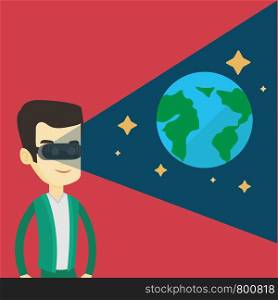 Young asian man playing virtual game. Happy gamer wearing futuristic virtual reality headset and looking at open space with earth model and stars. Vector flat design illustration. Square layout.. Man in vr headset getting in open space.