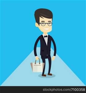 Young asian man posing on catwalk during fashion event. Male model walking on catwalk during fashion week. Man standing on catwalk during fashion show. Vector flat design illustration. Square layout.. Man posing on catwalk during fashion show.