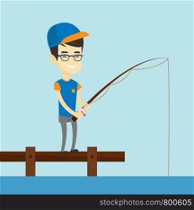 Young asian man relaxing during fishing on jetty. Cheerful fisherman fishing on the lake. Smiling angler standing on jetty with fishing-rod in hands. Vector flat design illustration. Square layout.. Man fishing on jetty vector illustration.