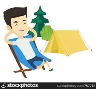 Young asian man relaxing in camping. Smiling man sitting in chair on the background of camping site. Man enjoying his vacation in camping. Vector flat design illustration isolated on white background.. Man sitting in folding chair in the camp.