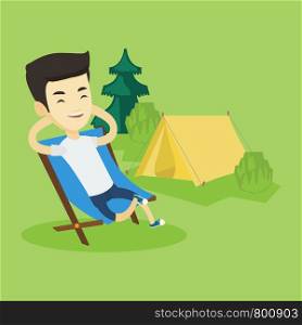 Young asian man relaxing in camping. Smiling man sitting in chair on the background of camping site. Relaxed man enjoying his vacation in camping. Vector flat design illustration. Square layout.. Man sitting in folding chair in the camp.