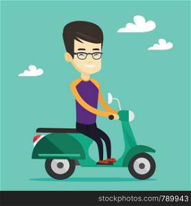 Young asian man riding a scooter outdoor. Smiling man traveling on a scooter. Happy man enjoying his trip on a scooter. Vector flat design illustration. Square layout.. Man riding scooter vector illustration.
