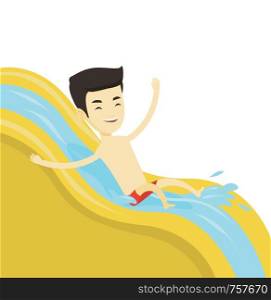 Young asian man riding down a waterslide at the aquapark. Man having fun on a water slide in waterpark. Man going down a water slide. Vector flat design illustration isolated on white background.. Man riding down waterslide vector illustration.