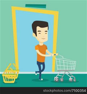 Young asian man running into the shop with trolley. Man rushing to shopping. Cheerful man with an empty shopping trolley pushing supermarket trolley. Vector flat design illustration. Square layout.. Customer running into the shop with trolley.