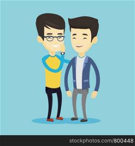 Young asian man shielding his mouth and whispering a gossip to his friend. Two happy men sharing gossips. Smiling friends discussing gossips. Vector flat design illustration. Square layout.. One man whispering to another secret.