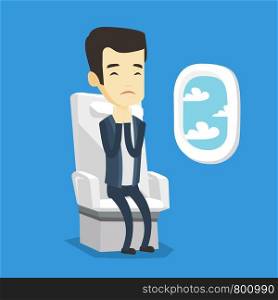 Young asian man shocked by plane flight in a turbulent area. Airplane passenger frightened by flight. Terrified passenger sitting in airplane seat. Vector flat design illustration. Square layout.. Young man suffering from fear of flying.