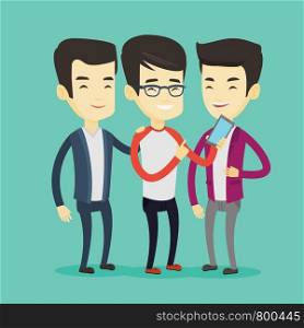 Young asian man showing something to his friends on his smartphone. Three happy friends looking at smartphone and laughing. Man using smartphone. Vector flat design illustration. Square layout.. Three smiling friends looking at mobile phone.