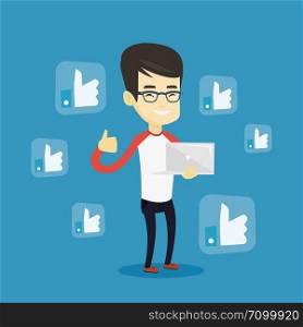Young asian man showing thumb up and like social network buttons around him. Happy man with laptop and like social network buttons with thumb up. Vector flat design illustration. Square layout.. Man with like social network buttons.