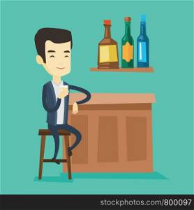 Young asian man sitting at the bar counter. Man sitting with glass in bar. Cheerful man sitting alone and celebrating with an alcohol drink in bar. Vector flat design illustration. Square layout.. Smiling man sitting at the bar counter.