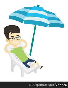 Young asian man sitting in beach chair. Man resting on holiday while sitting under umbrella on a beach chair. Happy man relaxing on beach. Vector flat design illustration isolated on white background.. Man relaxing on beach chair vector illustration.