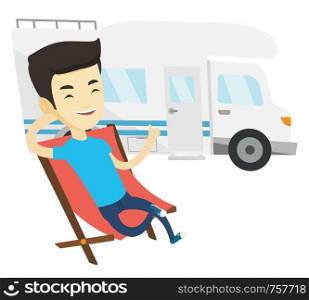 Young asian man sitting in folding chair and giving thumb up on the background of camper van. Smiling man enjoying vacation in camper van. Vector flat design illustration isolated on white background.. Man sitting in chair in front of camper van.