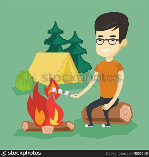Young asian man sitting on a log near campfire with marshmallow. Traveler man roasting marshmallow over campfire. Happy tourist relaxing near campfire. Vector flat design illustration. Square layout.. Woman roasting marshmallow over campfire.
