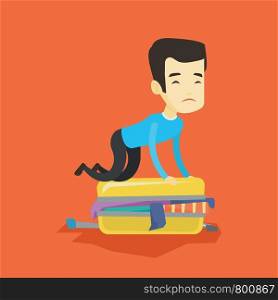 Young asian man sitting on suitcase and trying to close it. Frustrated man having problems with packing a lot of clothes into a single suitcase. Vector flat design illustration. Square layout.. Young man trying to close suitcase.