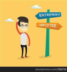 Young asian man standing at road sign with two career pathways - entrepreneur and employee. Man choosing career way. Man making a decision of his career. Vector flat design illustration. Square layout. Confused man choosing career pathway.