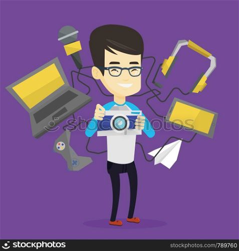 Young asian man taking photo with digital camera. Man surrounded with gadgets. Man using many electronic gadgets. Guy addicted to modern gadgets. Vector flat design illustration. Square layout.. Young man surrounded with his gadgets.