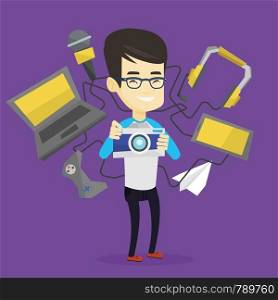 Young asian man taking photo with digital camera. Man surrounded with gadgets. Man using many electronic gadgets. Guy addicted to modern gadgets. Vector flat design illustration. Square layout.. Young man surrounded with his gadgets.