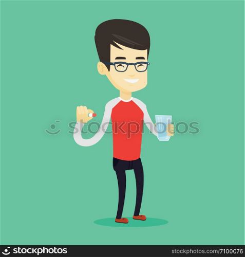 Young asian man taking pills. Healthy man holding pills and glass of water in hands. Happy smiling man taking pills. Healthy lifestyle concept. Vector flat design illustration. Square layout.. Young asian man taking pills.