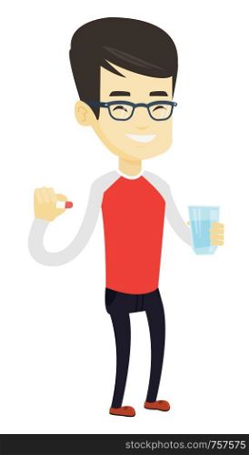 Young asian man taking pills. Healthy man holding pills and glass of water in hands. Smiling man taking pills. Healthy lifestyle concept. Vector flat design illustration isolated on white background.. Young asian man taking pills.
