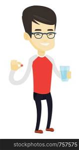 Young asian man taking pills. Healthy man holding pills and glass of water in hands. Smiling man taking pills. Healthy lifestyle concept. Vector flat design illustration isolated on white background.. Young asian man taking pills.