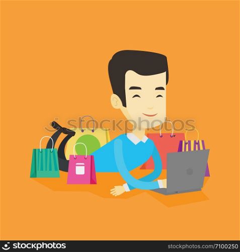 Young asian man using laptop for online shopping. Smiling man lying with laptop and making online shopping order. Man doing online shopping at home. Vector flat design illustration. Square layout.. Man shopping online vector illustration.