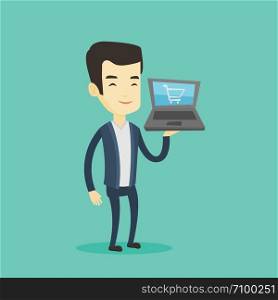 Young asian man using laptop for online shopping. Smiling customer holding laptop with shopping trolley on a screen. Happy man doing online shopping. Vector flat design illustration. Square layout.. Man shopping online vector illustration.