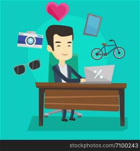 Young asian man using laptop for online shopping. Happy man doing online shopping. Man buying in online shop. Guy buying on internet. Vector flat design illustration. Square layout.. Man shopping online vector illustration.