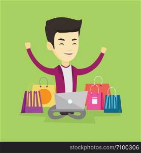 Young asian man with hands up using laptop for shopping online. Happy customer sitting with shopping bags around him. Cheerful man doing online shopping. Vector flat design illustration. Square layout. Man shopping online vector illustration.