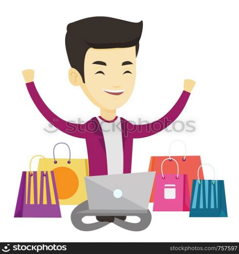 Young asian man with hands up using laptop for shopping online. Happy man sitting with shopping bags around him. Man doing online shopping. Vector flat design illustration isolated on white background. Man shopping online vector illustration.