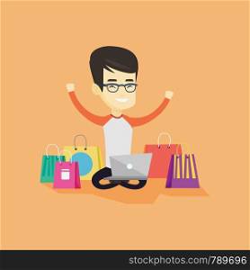 Young asian man with hands up using laptop for shopping online. Happy customer sitting with shopping bags around him. Cheerful man doing online shopping. Vector flat design illustration. Square layout. Man shopping online vector illustration.
