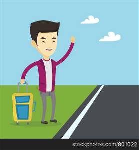 Young asian man with suitcase hitchhiking on roadside. Hitchhiking business man trying to stop a car on a highway. Man catching taxi car by waving hand. Vector flat design illustration. Square layout.. Young man hitchhiking vector illustration.