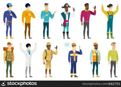 Young asian mechanic giving thumb up. Full length of smiling mechanic with thumb up. Cheerful mechanic showing thumb up. Set of vector flat design illustrations isolated on white background.. Vector set of professions characters.