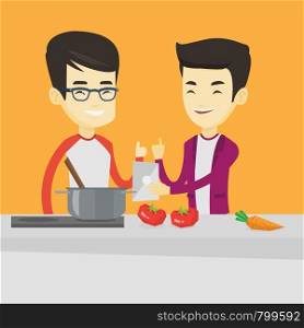 Young asian men following recipe for healthy vegetable meal on digital tablet. Friends cooking healthy meal. Friends having fun cooking together. Vector flat design illustration. Square layout.. Men cooking healthy vegetable meal.