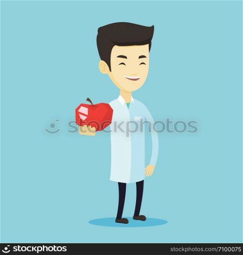 Young asian nutritionist prescribing diet and healthy eating. Smiling confident nutritionist holding an apple. Nutritionist offering fresh red apple. Vector flat design illustration. Square layout.. Nutritionist offering fresh red apple.