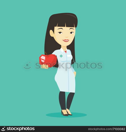 Young asian nutritionist prescribing diet and healthy eating. Smiling confident nutritionist holding an apple. Nutritionist offering fresh red apple. Vector flat design illustration. Square layout.. Nutritionist offering fresh red apple.