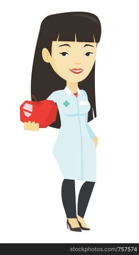 Young asian nutritionist prescribing diet and healthy eating. Smiling nutritionist holding an apple. Nutritionist offering fresh red apple. Vector flat design illustration isolated on white background. Nutritionist offering fresh red apple.