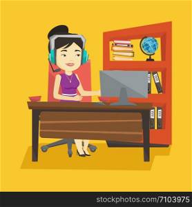 Young asian office worker in headset using computer. Cheerful office worker in headset working on a computer. Office worker wearing headset. Vector flat design illustration. Square layout.. Business woman with headset working at office.
