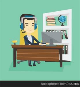 Young asian office worker in headset using computer. Cheerful office worker in headset working on a computer. Office worker wearing headset. Vector flat design illustration. Square layout.. Business man with headset working at office.