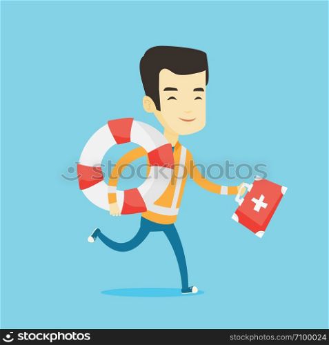 Young asian paramedic running to patients. Smiling paramedic running with first aid box. Emergency doctor running with first aid box and lifebuoy. Vector flat design illustration. Square layout.. Paramedic running with first aid box.