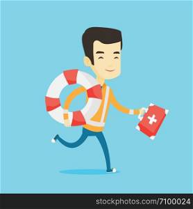 Young asian paramedic running to patients. Smiling paramedic running with first aid box. Emergency doctor running with first aid box and lifebuoy. Vector flat design illustration. Square layout.. Paramedic running with first aid box.