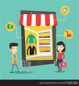 Young asian people doing online shopping. Smiling people using mobile shopping. Happy people walking in the store that looks like tablet computer. Vector flat design illustration. Square layout.. Asian people doing shopping online.