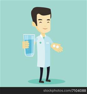 Young asian pharmacist holding a glass of water and pills in hands. Smiling pharmacist in medical gown. Cheerful pharmacist giving medication. Vector flat design illustration. Square layout.. Pharmacist giving pills and glass of water.