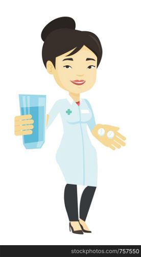 Young asian pharmacist holding a glass of water and pills in hands. Smiling pharmacist in medical gown. Pharmacist giving medication. Vector flat design illustration isolated on white background.. Pharmacist giving pills and glass of water.