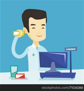 Young asian pharmacist in medical gown standing at the counter in the pharmacy. Pharmacist showing some medicine. Pharmacist holding a box of pills. Vector flat design illustration. Square layout.. Pharmacist showing some medicine.