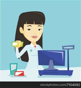 Young asian pharmacist in medical gown standing at the counter in the pharmacy. Pharmacist showing some medicine. Pharmacist holding a box of pills. Vector flat design illustration. Square layout.. Pharmacist showing some medicine.