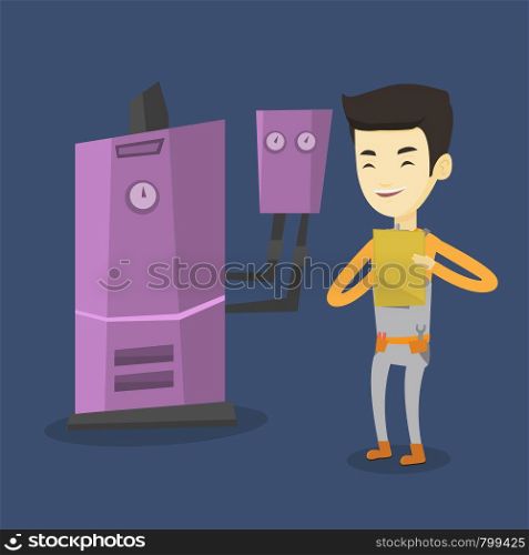 Young asian plumber making some notes in his clipboard. Smiling plumber inspecting heating system in boiler room. Friendly plumber in overalls at work. Vector flat design illustration. Square layout.. Confident plumber with clipboard.