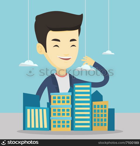 Young asian real estate agent presenting a model of new district of the city. Sales manager working with a project of a new modern district of the city. Vector flat design illustration. Square layout.. Real estate agent presenting city model.