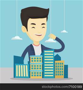 Young asian real estate agent presenting a model of new district of the city. Sales manager working with a project of a new modern district of the city. Vector flat design illustration. Square layout.. Real estate agent presenting city model.