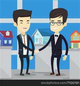 Young asian realtor shaking hand to cheerful customer after real estate deal in office. Conclusion of real estate deal between realtor and buyer. Vector flat design illustration. Square layout.. Agreement between real estate agent and buyer.