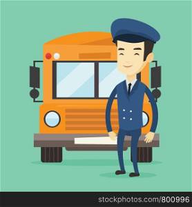 Young asian school bus driver standing in front of yellow bus. Smiling school bus driver in uniform. Cheerful school bus driver. Vector flat design illustration. Square layout.. School bus driver vector illustration.